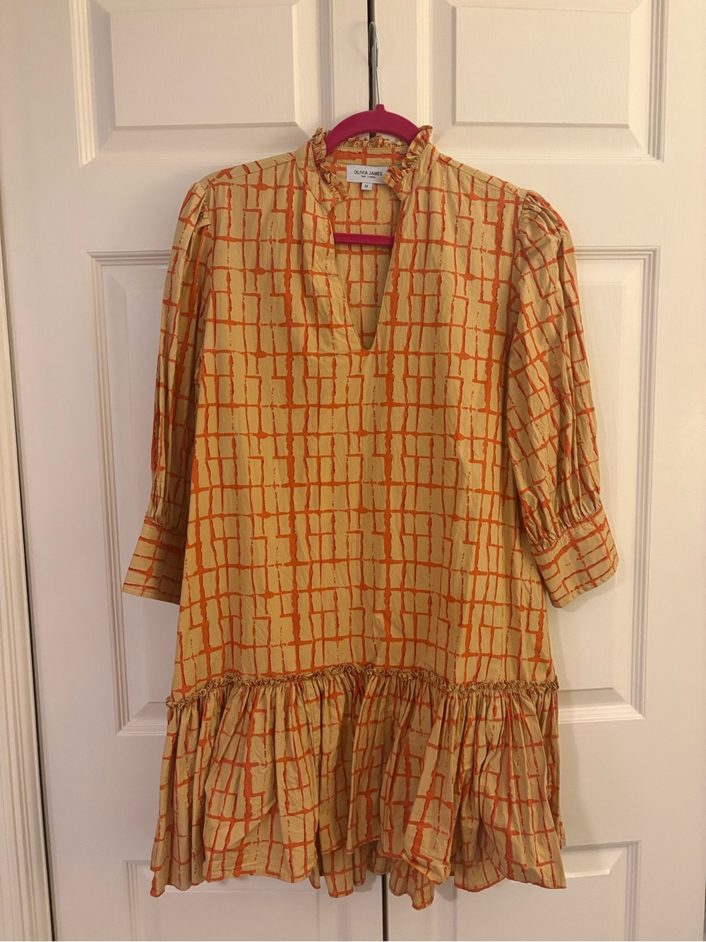 Olivia James Size M Yellow Orange Grid Ruffle Hem Midi Dress